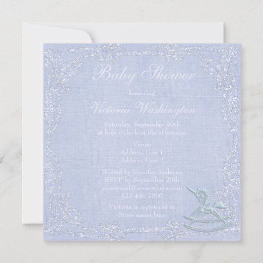 Blue Unicorn Rocking Horse Glitter Baby shower Kaart (Achterkant)