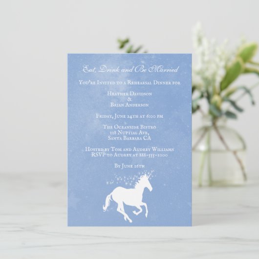 Blue Unicorn Wedding Rehearsal Dinner Invite Kaart (Staand voorkant)