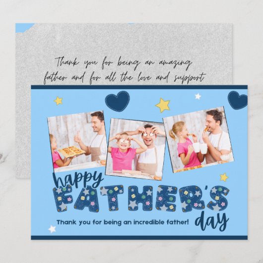 Blue Vaderdag Invitation met Familiefoto's Kaart (Voorkant / Achterkant)