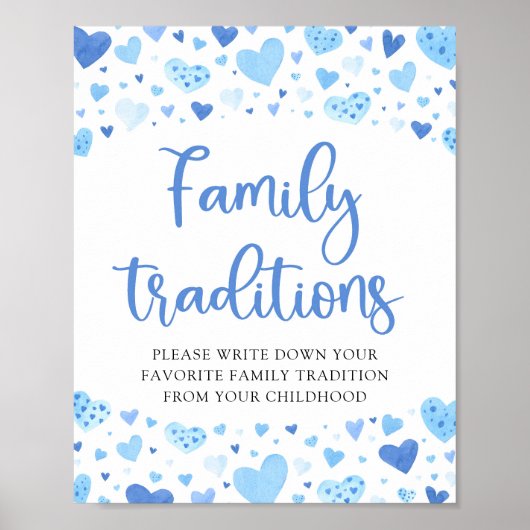 Blue Valentijn Family Traditions Baby shower Sign Poster (Voorkant)