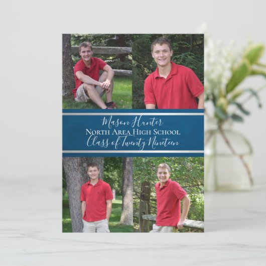 Blue Varsity Quad Foto Afstuderen Kaart (Staand voorkant)