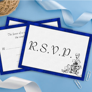 Blue Velvet, Black Flourish Wedding RSVP Kaartje