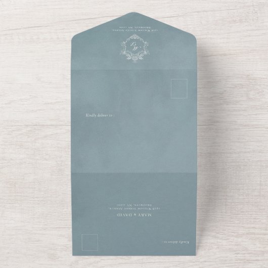 Blue Velvet Elegant Baroque Ornament Wedding All In One Uitnodiging (Buitenkant)