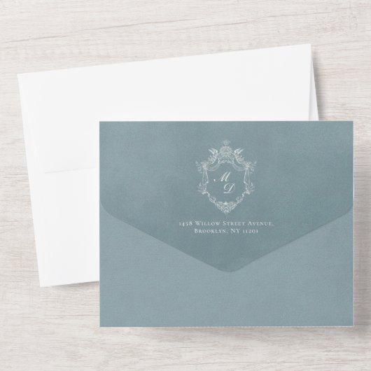 Blue Velvet Elegant Baroque Ornament Wedding All In One Uitnodiging (Achterkant)