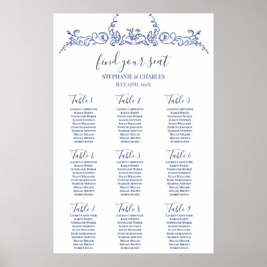 Blue Victoriaans Wedding Seating Chart Poster (Voorkant)