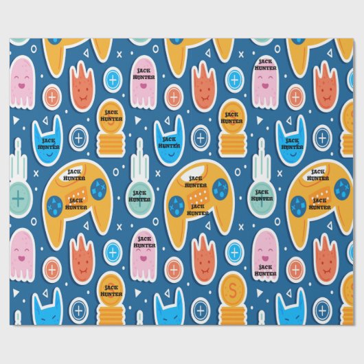 Blue Video Game Pattern Personalized Birthday Cadeaupapier (Vlak)