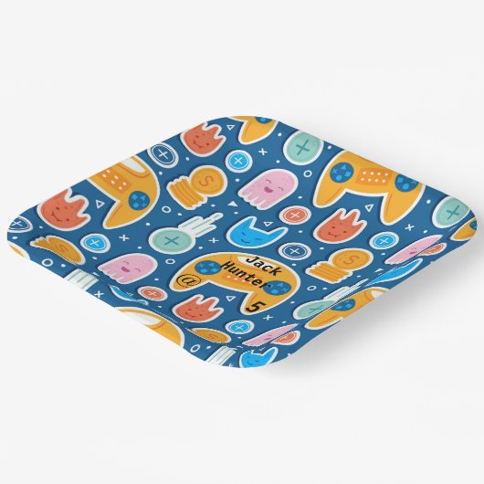 Blue Video Game Pattern Personalized Birthday Papieren Bordje (Gebogen)