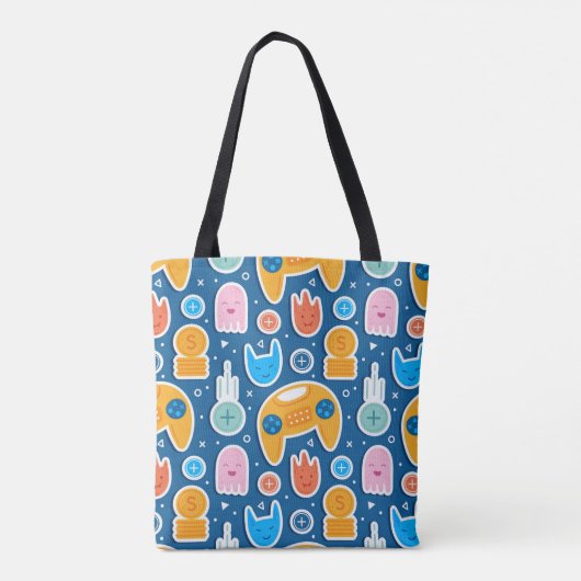 Blue Video Game Pattern Persoonlijke Canvas tas (Achterkant)