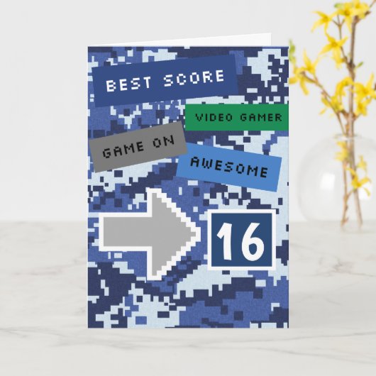 Blue Video Gamer 16th Birthday Kaart (Gele Bloem)