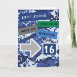 Blue Video Gamer 16th Birthday Kaart<br><div class="desc">Een coole blauwe videogame 16e verjaardagskaart voor hem. Het is voorzien van een blauw pixelvideospelletje op de voor- en achterkant van de kaart. De binnenkant leest een niveau omhoog verjaardagskaartbericht dat gemakkelijk kan worden gepersonaliseerd indien gewenst. Deze videokamer 16e verjaardagskaart zou een groot goed maken voor zoon, kleinzoon, godson, enz....</div>