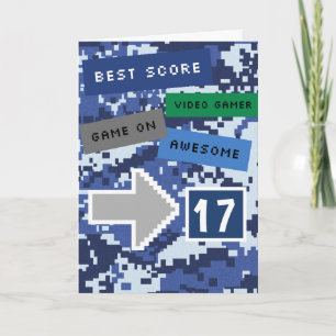 Blue Video Gamer 17th Birthday Kaart