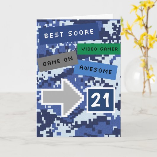 Blue Video Gamer 21st Birthday Kaart (Gele Bloem)