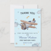 Blue Vintage Airplane First Birthday Thank You Bedankkaart (Voorkant)