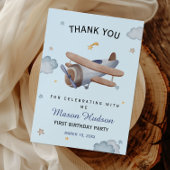 Blue Vintage Airplane First Birthday Thank You Bedankkaart