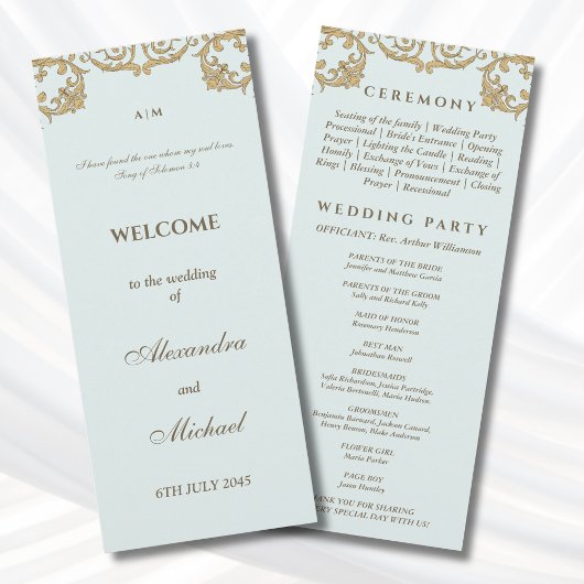Blue Vintage Baroque Christian Wedding Program Programmakaart