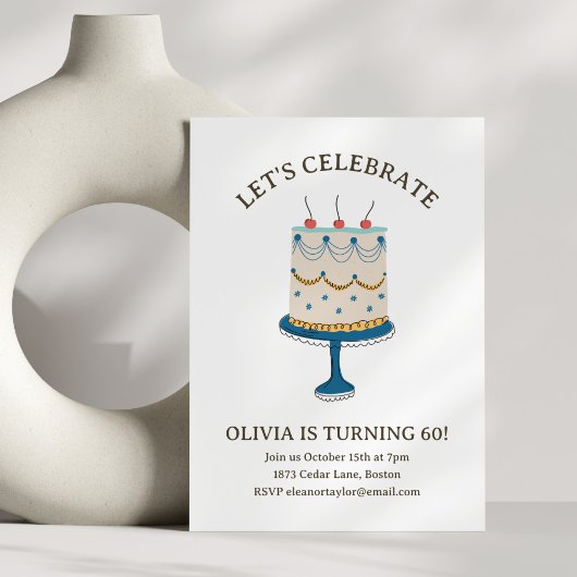 Blue Vintage Birthday Cake Doodle Cute Celebration Kaart