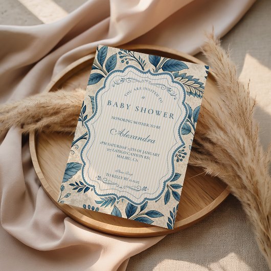 Blue Vintage Botanical Baby Shower Kaart