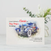 Blue Vintage Car Uitnodiging (Staand voorkant)