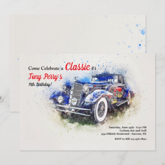 Blue Vintage Car Uitnodiging (Voorkant / Achterkant)