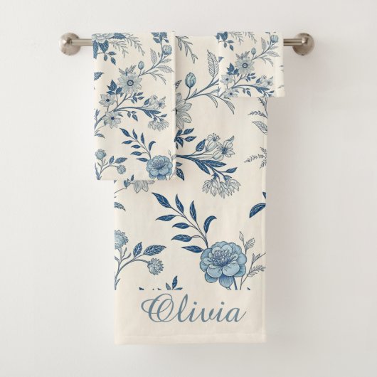 Blue Vintage Floral Pattern Bad Handdoek (Insitu)