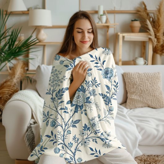 Blue Vintage Floral Pattern Fleece Deken