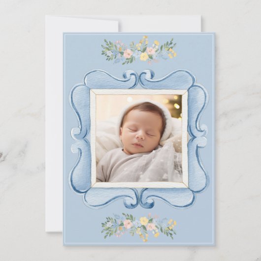 Blue Vintage Frame Whimsical Baby Aankondiging (Voorkant)