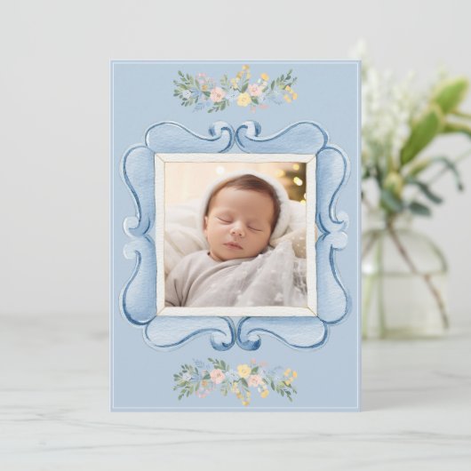 Blue Vintage Frame Whimsical Baby Aankondiging (Staand voorkant)