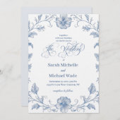 Blue Vintage French Calligraphy Wedding Invitation Kaart (Voorkant / Achterkant)