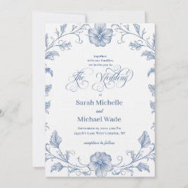 Blue Vintage French Calligraphy Wedding Invitation Kaart