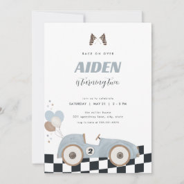 Blue Vintage Race Car Boy Birthday Invite  Kaart