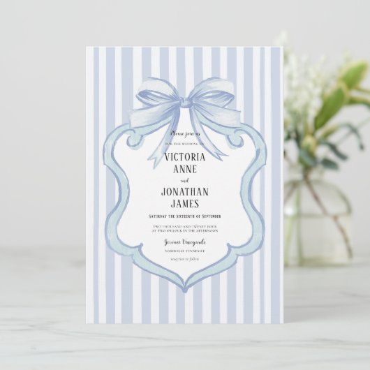 Blue Vintage Stripe Ribbon Bow Wedding Invitation Kaart (Staand voorkant)