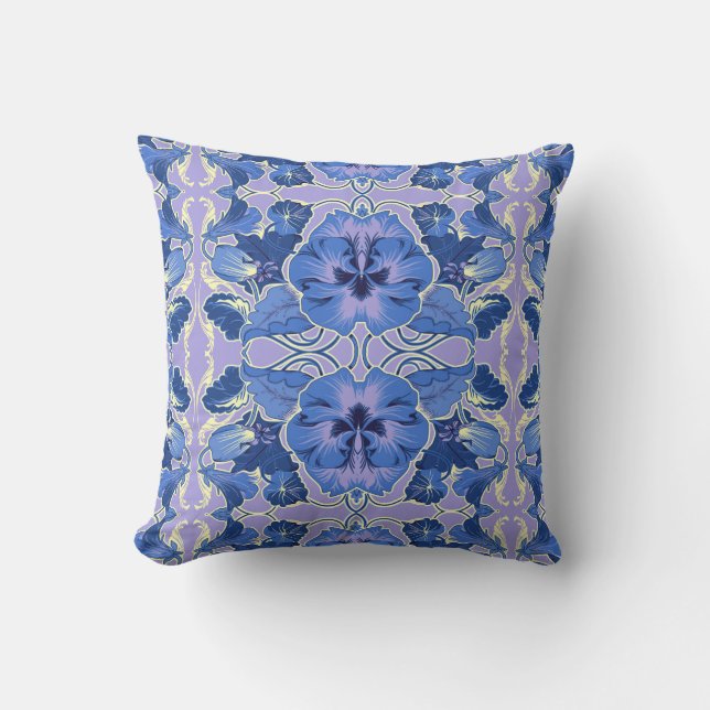 Blue Violet Art Nouveau Pansy Pillow Kussen (Voorkant)