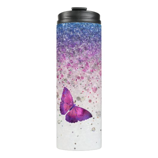 *~* Blue Violet Glitter Butterfly Girly Thermosbeker (Voorkant)