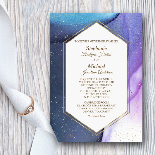 Blue Violet Gold Confetti Waterverf Wedding Kaart