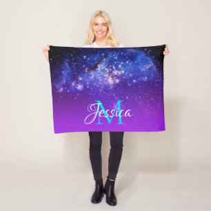 Blue Violet Sparkly Stars Celestial Ombre Monogram Fleece Deken