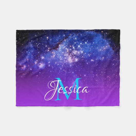 Blue Violet Sparkly Stars Celestial Ombre Monogram Fleece Deken (Voorkant (Horizontaal))