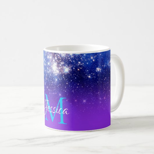 Blue Violet Sparkly Stars Celestial Ombre Monogram Koffiemok (Voorkant rechts)