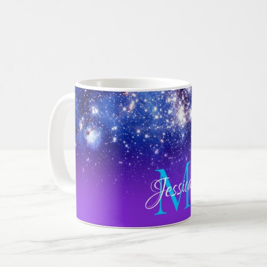 Blue Violet Sparkly Stars Celestial Ombre Monogram Koffiemok (Voorkant links)