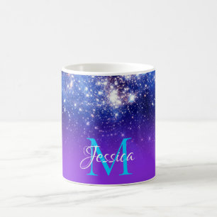 Blue Violet Sparkly Stars Celestial Ombre Monogram Koffiemok