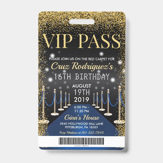 Blue VIP Pass Hollywood Red Carpet Birthday Badge (Voorkant)