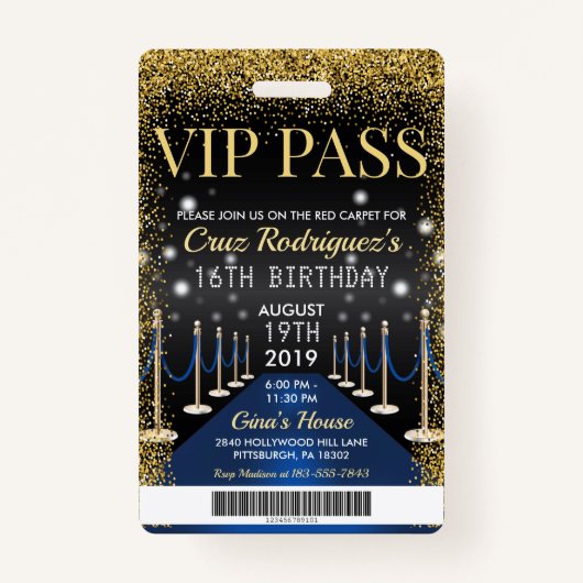 Blue VIP Pass Hollywood Red Carpet Birthday Badge (Voorkant)