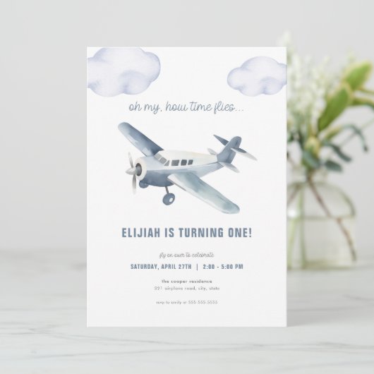 Blue Vliegtuig Verjaardag Uitnodiging Vliegtuig Ui (Staand voorkant)