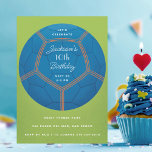Blue Voetbal Birthday Party Kaart<br><div class="desc">Pas de tekst aan voor de verjaardag van uw kind of een andere voetbalgebeurtenis met het thema voetbal. Originele illustratie van Becky Nimoy. De achtergrondkleur op voor en achter is editable. Blauw,  groen en oranje; achtergrondkleuren kunnen worden bewerkt</div>