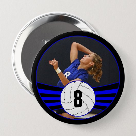 Blue Volleyball Player Custom Photo & Number Sport Ronde Button 4,0 Cm (Voorkant /achterkant)