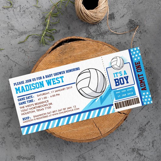 Blue Volleyball Ticket Pass Baby shower Uitnodigin Kaart