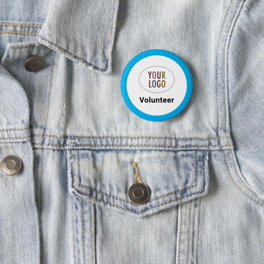 Blue Volunteer Button Badge Pinback Custom Logo (In situ)