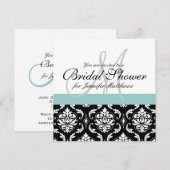 Blue Vrijgezellenfeest Monogram Damask Invitation Kaart (Voorkant / Achterkant)