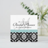 Blue Vrijgezellenfeest Monogram Damask Invitation Kaart (Staand voorkant)