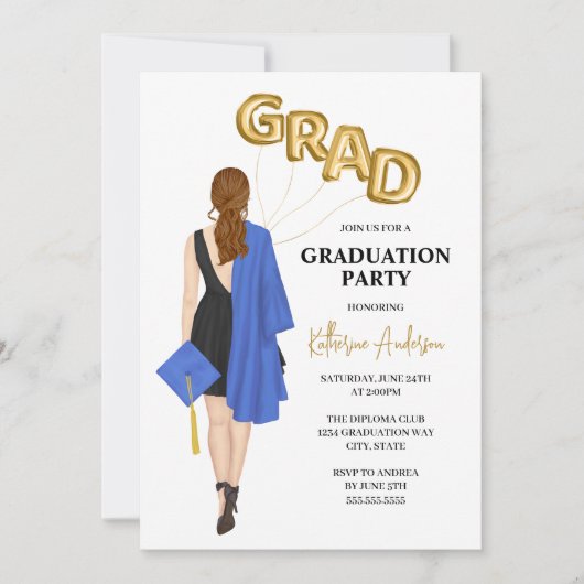 Blue Vrouw Graduation Party Invitation Kaart (Voorkant)