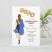 Blue Vrouw Graduation Party Invitation Kaart (Staand voorkant)